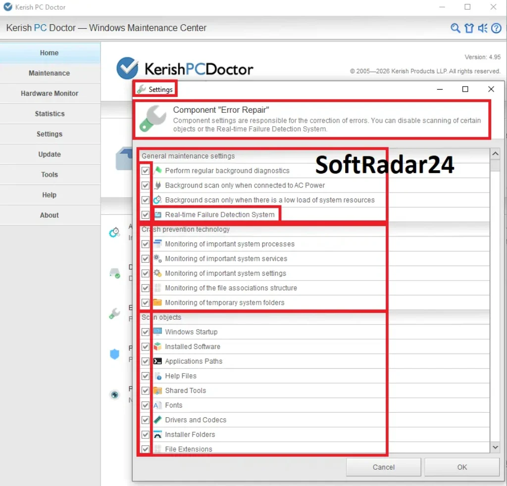 Error Repair settings interface in Kerish PC Doctor showing the Real-time Failure Detection System and Crash prevention technology actively enabled.