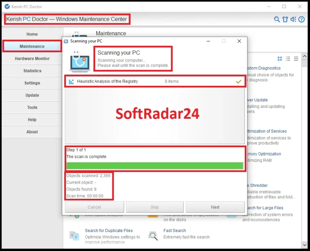 Kerish PC Doctor custom diagnostics interface safely scanning and eliminating invalid Windows registry keys, orphaned application paths, and missing COM components.