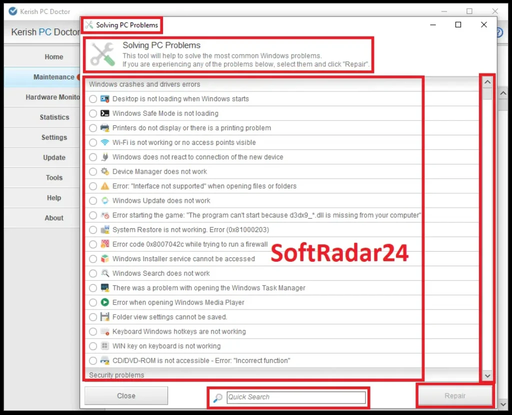 The Solving PC Problems interface in Kerish PC Doctor displaying a selectable list of common Windows crashes, driver errors, and network issues ready for automated repair.