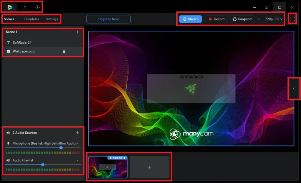 ManyCam 9 interface displaying scene management, audio mixer, and live broadcasting controls for virtual video setups.