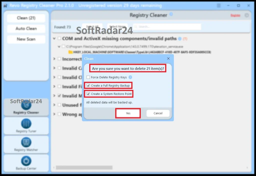 Cleanup confirmation modal in Revo Registry Cleaner Pro displaying the options to 'Create a Full Registry Backup' and 'Create a System Restore Point' before deleting 21 identified registry items.