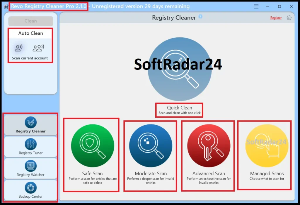 Main interface of Revo Registry Cleaner Pro displaying four distinct registry scan depths, Quick Clean button, and sidebar navigation for tuning and backup features.