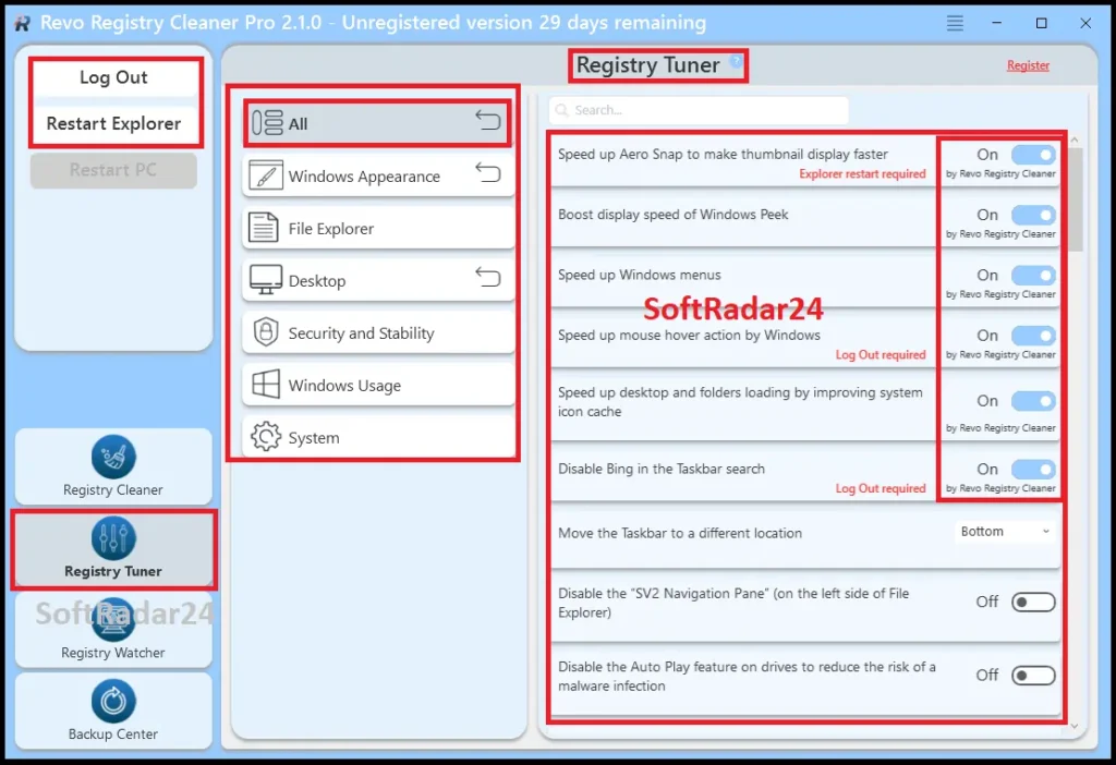 Registry Tuner interface in Revo Registry Cleaner Pro showing categorized Windows optimization tweaks, allowing users to speed up menus and disable features with simple toggle switches.