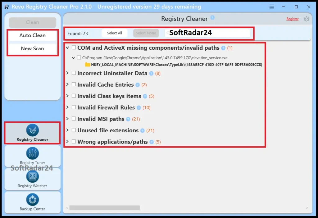 Scan results window in Revo Registry Cleaner Pro displaying categorized invalid registry entries such as missing ActiveX components, incorrect uninstaller data, and unused file extensions.