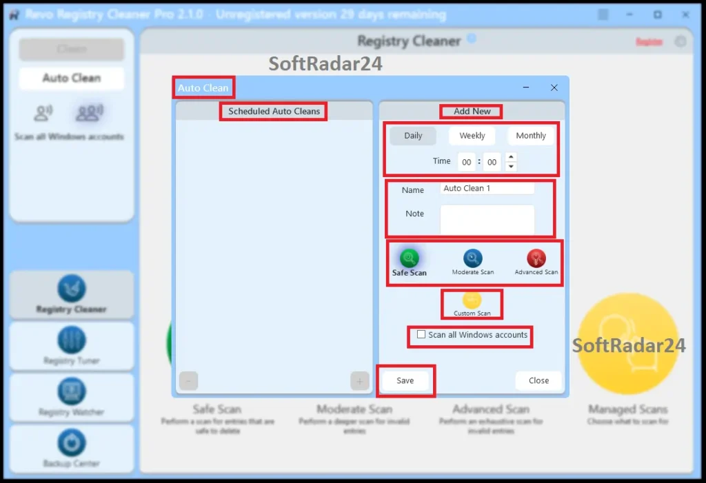 Auto Clean scheduling window in Revo Registry Cleaner Pro showing options to configure daily, weekly, or monthly automated registry scans with multi-account support.
