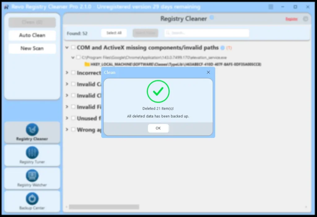 Success confirmation dialog in Revo Registry Cleaner Pro displaying a green checkmark, confirming that items were successfully deleted and all removed data has been safely backed up.