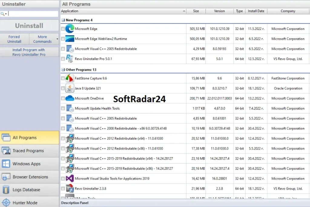 Revo Uninstaller Pro 5 user interface and installed programs list dashboard