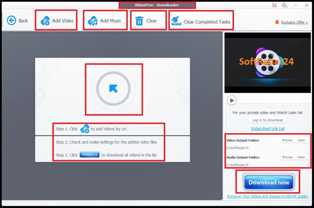 User interface of the VideoProc Converter AI Downloader module showing a 3-step process to add video URLs, manage settings, and start batch downloads to a local folder.