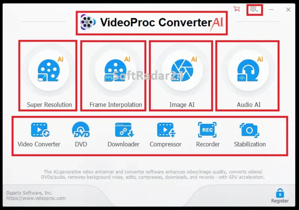 User interface of VideoProc Converter AI featuring AI Super Resolution, Frame Interpolation, Image and Audio AI tools, and a full suite of multimedia utilities.
