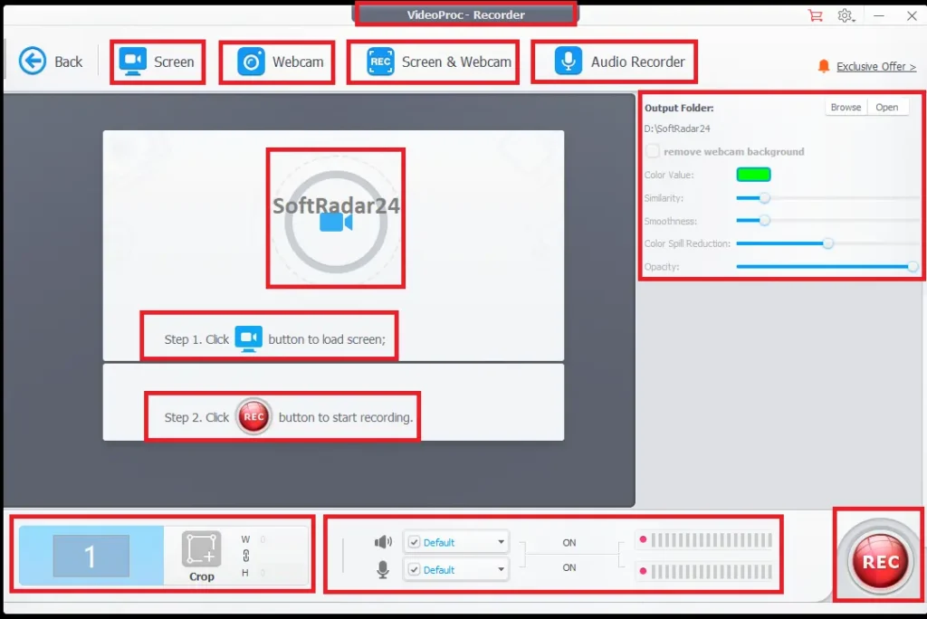 VideoProc Converter AI Recorder interface showing screen, webcam, and picture-in-picture modes with advanced chroma key background removal and dual-audio capture settings.