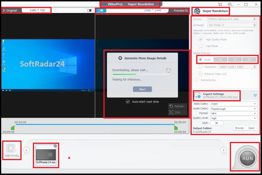 Software screenshot showing VideoProc Converter AI upscaling a 720p video to 1440p using the Gen Detail v3 model on an NVIDIA GPU with a 2X scale selected.