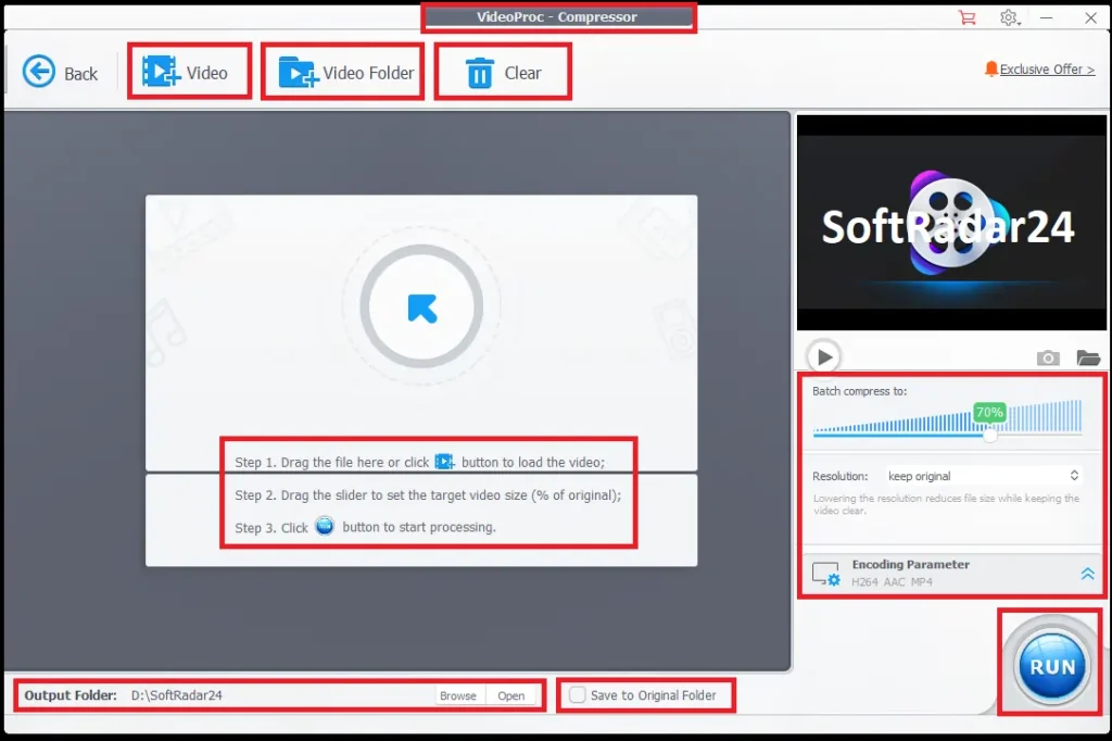 VideoProc Converter AI Compressor interface showing a 3-step workflow to reduce video file size to 70 percent of original while keeping original resolution and H.264 encoding.
