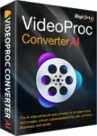 VideoProc Converter AI 2026 official software box showing AI video enhancement, 4K conversion, and GPU acceleration features.