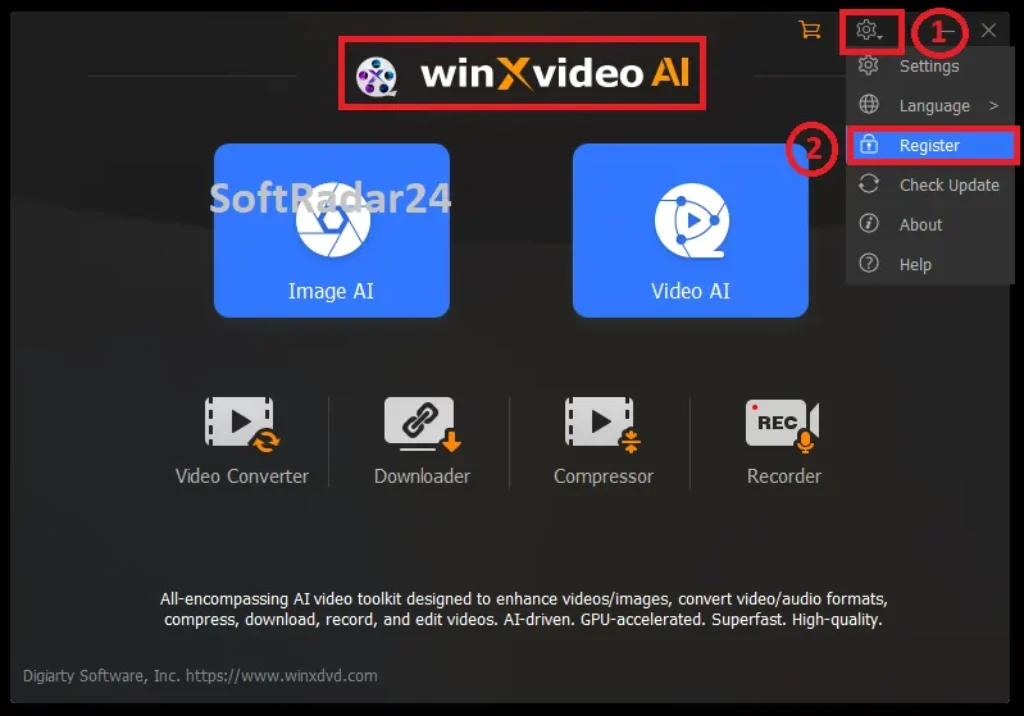Screenshot of the WinXvideo AI software interface showing annotated steps (1 and 2) to access the registration screen for license key input.