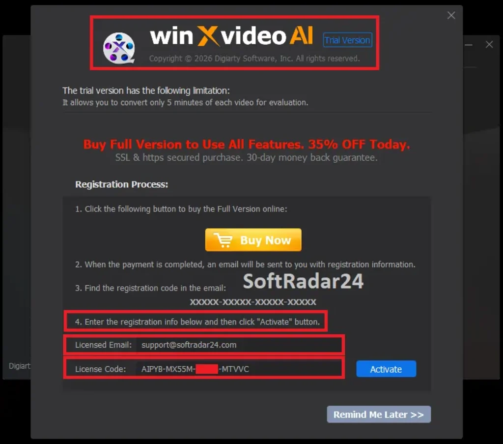 A screenshot of the WinXvideo AI trial version registration window. It highlights the 5-minute video conversion limitation and a 35% upgrade discount offer. The image is annotated by SoftRadar24 with red boxes around the activation instructions (Step 4), the pre-filled email (support@softradar24.com), and the license code field containing a redacted code.