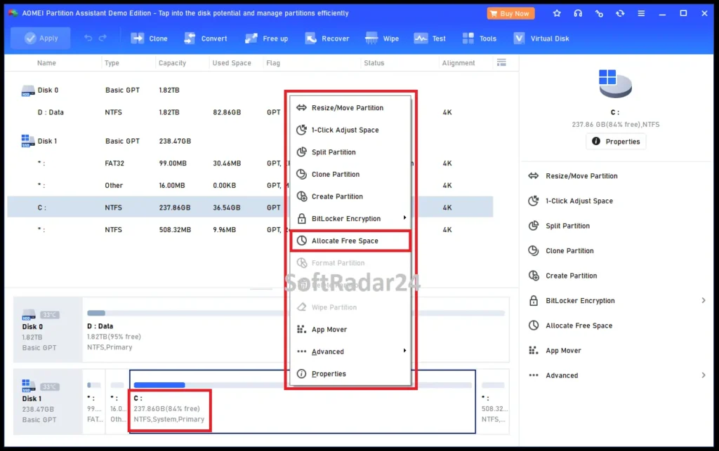 A screen capture of the AOMEI Partition Assistant Professional dashboard with a SoftRadar24 watermark, highlighting the Allocate Free Space option within the context menu and the target C drive partition at the bottom panel.
