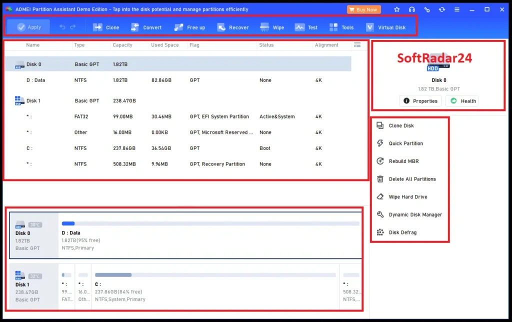 A screen capture of the AOMEI Partition Assistant Professional interface dashboard with the SoftRadar24 watermark, displaying physical disks, partitions, and technical specifications for storage allocation, dynamic disk management, and secure formatting operations.