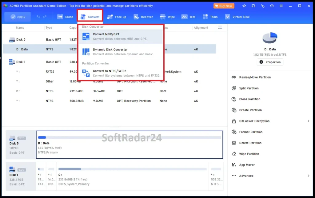 A screen capture of the AOMEI Partition Assistant Professional dashboard highlighting the Convert menu, displaying direct options for MBR to GPT formatting and dynamic disk adjustments with a SoftRadar24 watermark.