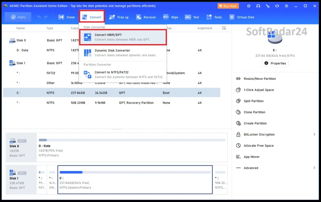 A screen capture of the AOMEI Partition Assistant Professional interface with a SoftRadar24 watermark, highlighting the Convert MBR/GPT option in the top navigation menu while the primary C system drive is selected for structural modification.