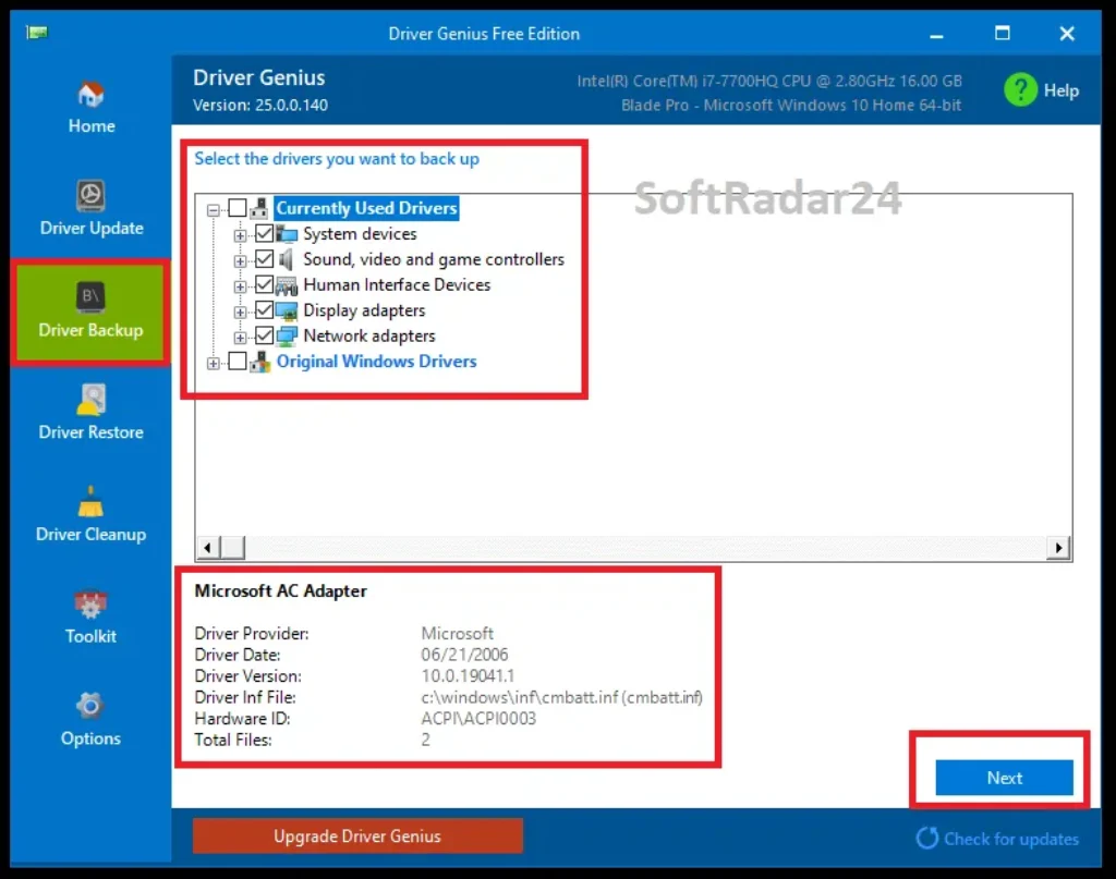 Driver Genius 25 software interface displaying the driver backup menu, highlighting currently used hardware configurations including display and network adapters.