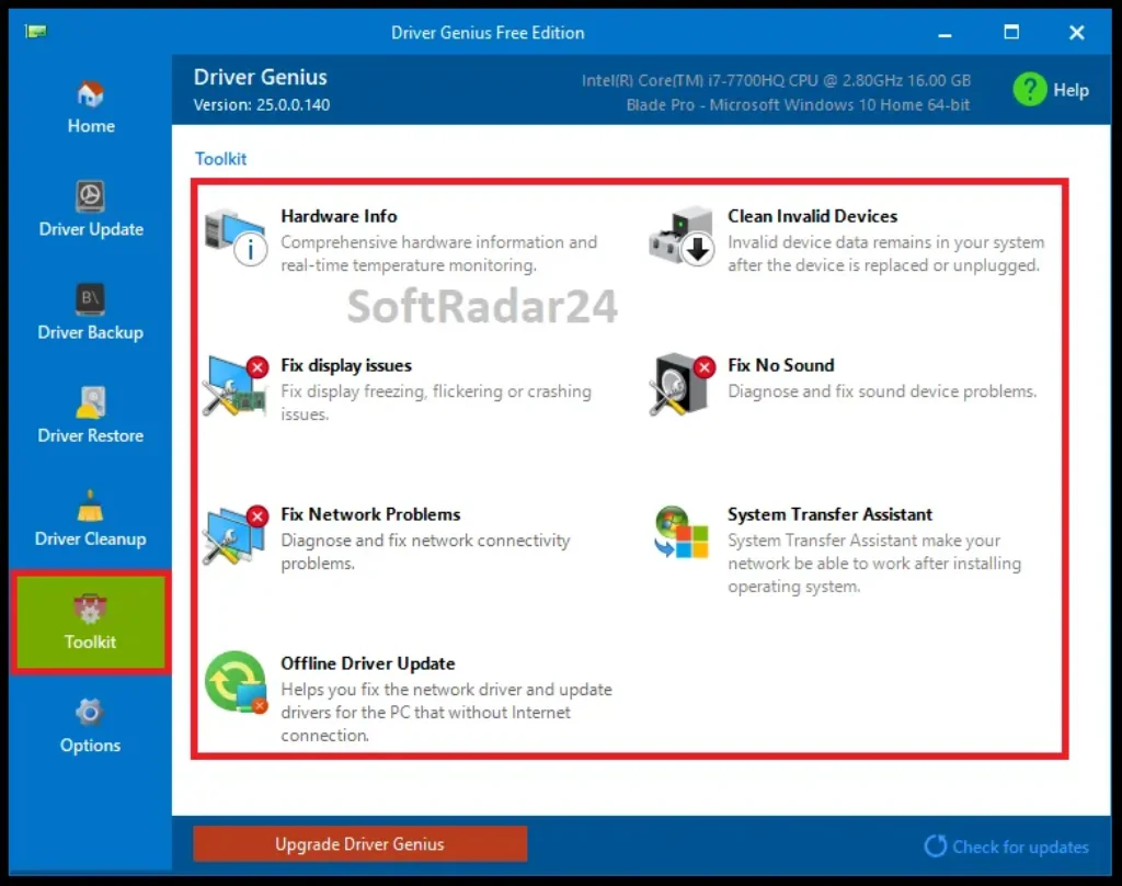 Driver Genius 25 software interface displaying the Toolkit menu, highlighting utilities for offline driver updates, hardware temperature monitoring, and fixing display issues.