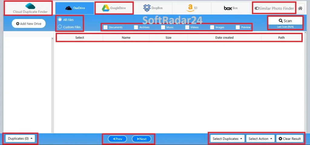 Web dashboard interface showing Google Drive integration and custom scan filters to find duplicate files.