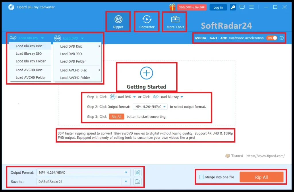 Tipard Blu-ray Converter interface demonstrating how to copy a Blu-ray disc to your computer by selecting the load disc option and MP4 output format.