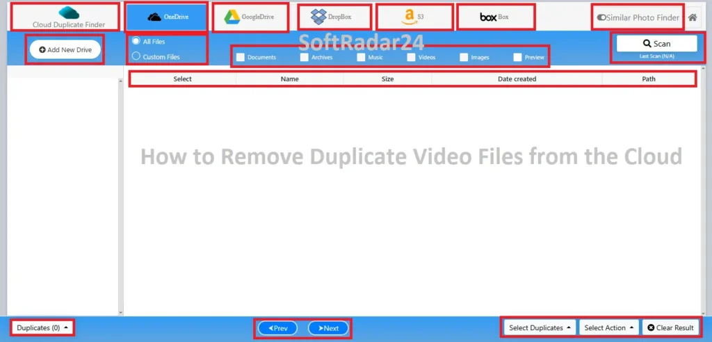 Web-based dashboard interface displaying connected cloud drives and custom scan filters to identify redundant video files