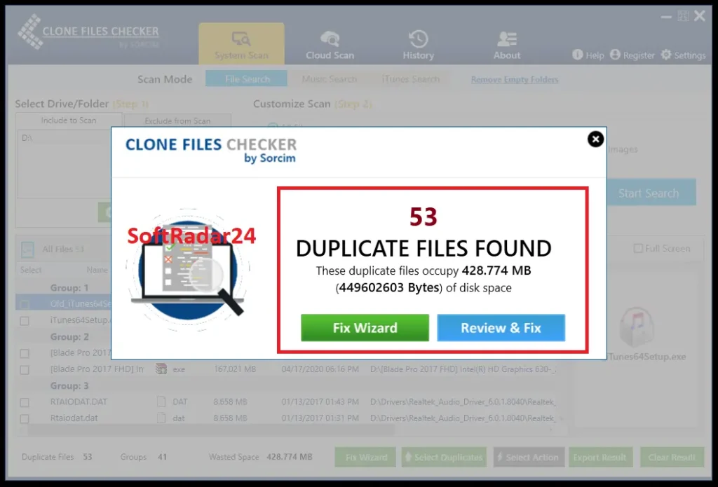 Sorcim Clone Files Checker popup window displaying the total number of found duplicate files, occupied disk space, and cleanup action buttons.