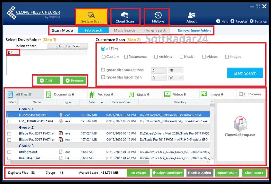 Sorcim Clone Files Checker interface displaying system scan settings, detected duplicate file groups, and data removal options.