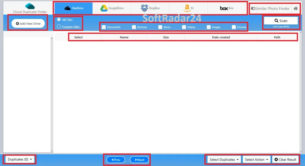 Cloud Duplicate Finder web interface displaying cloud storage providers and custom file scan filters.