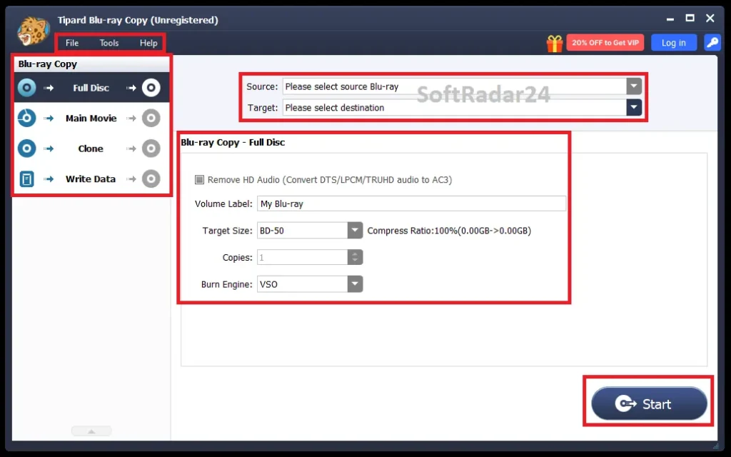 Tipard Blu-ray Copy user interface showing four backup modes and target size selection.