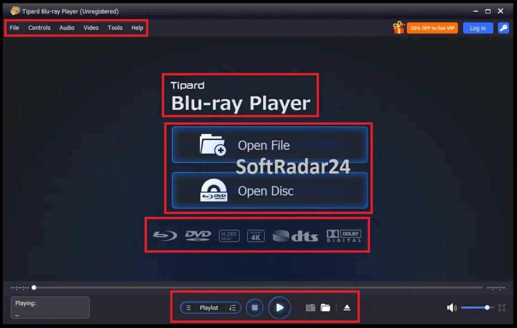 Tipard Blu-ray Player dashboard displaying media loading options and supported 4K UHD format logos.