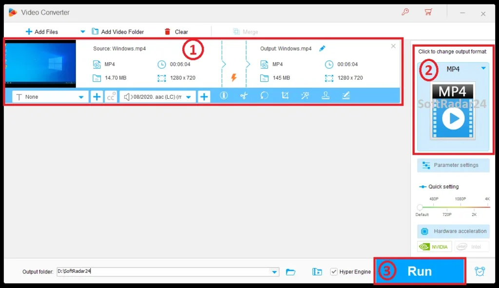 WonderFox HD Video Converter Factory Pro interface highlighting the simple numbered steps to configure media and initiate the conversion process.