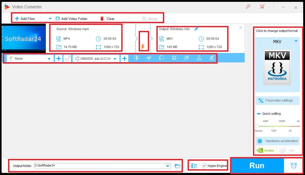 WonderFox HD Video Converter Factory Pro user interface displaying the media conversion process, format selection, and hardware acceleration options.