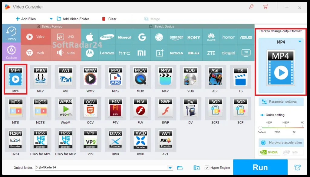 WonderFox HD Video Converter Factory Pro format selection menu showing MP4 and various video codecs.