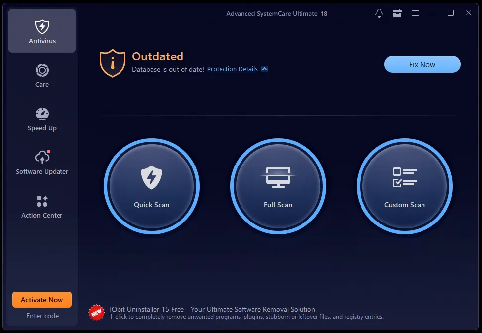 Advanced SystemCare Ultimate 18 main dashboard showing Antivirus, Care, Speed Up, Software Updater and Action Center