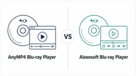AnyMP4 Blu-ray Player and Aiseesoft Blu-ray Player shown in a balanced software comparison graphic