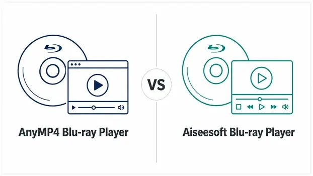 AnyMP4 Blu-ray Player and Aiseesoft Blu-ray Player shown in a balanced software comparison graphic