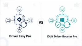 Driver Easy Pro and IObit Driver Booster Pro shown in a balanced Windows driver updater comparison