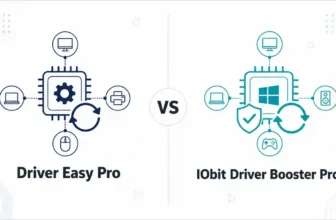Driver Easy Pro and IObit Driver Booster Pro shown in a balanced Windows driver updater comparison