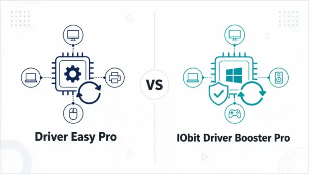 Driver Easy Pro and IObit Driver Booster Pro shown in a balanced Windows driver updater comparison
